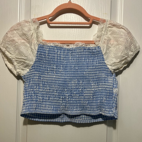 ROMWE Blue and White Kids Gingham Blouse - Picture 2 of 2